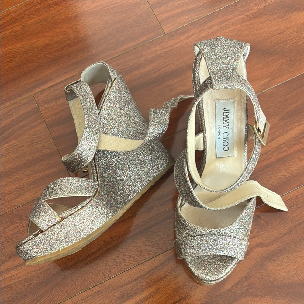 Jimmy Choo Size 40 Glitter Wedge Sandals